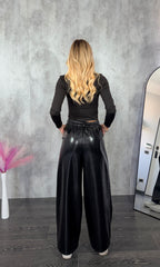 Pantaloni Wide Leg in Ecopelle Neri OFFLACE