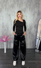 Pantaloni Wide Leg in Ecopelle Neri OFFLACE